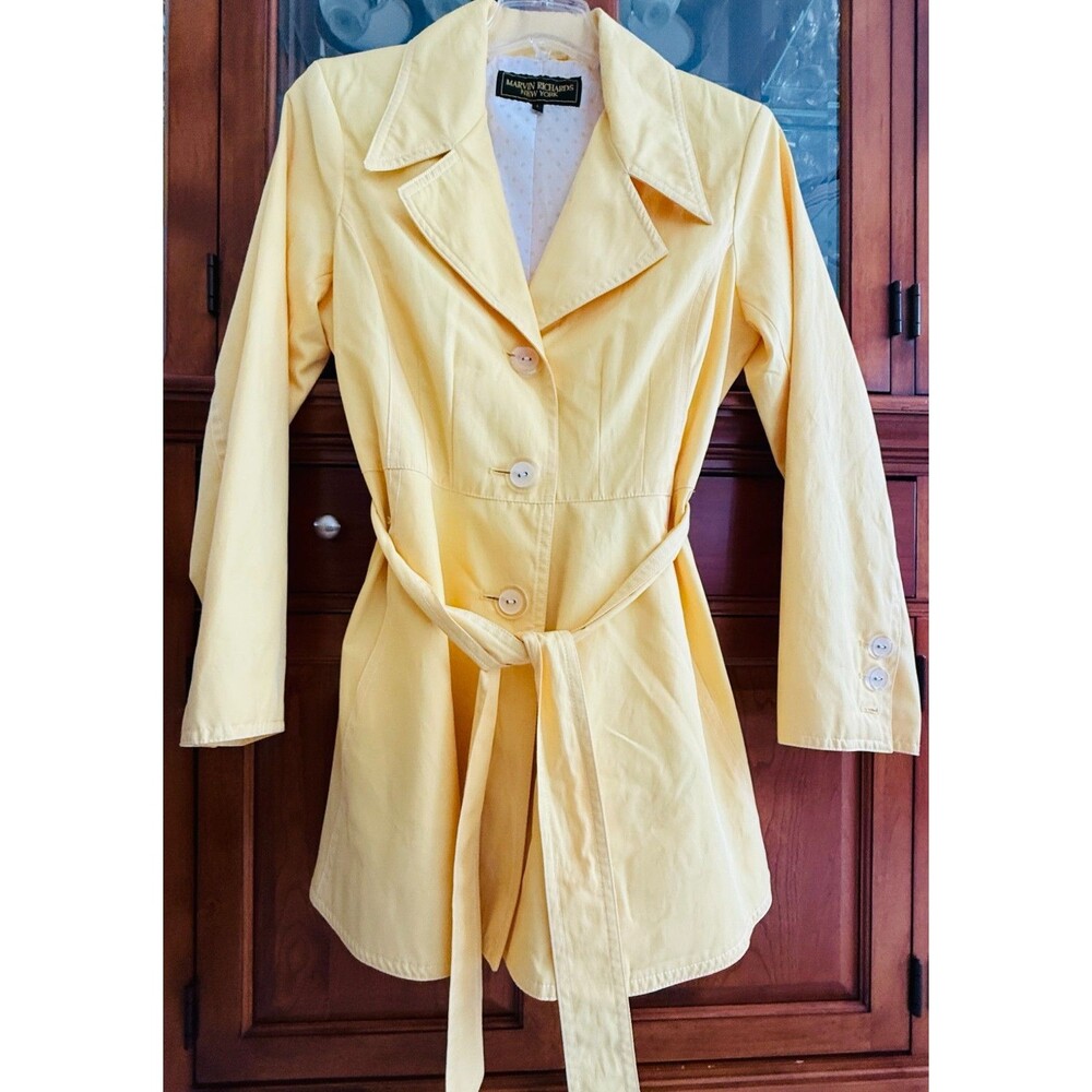 MARVIN RICHARDS New York Yellow Trench Coat Belted Polka Dot Lining Size Large